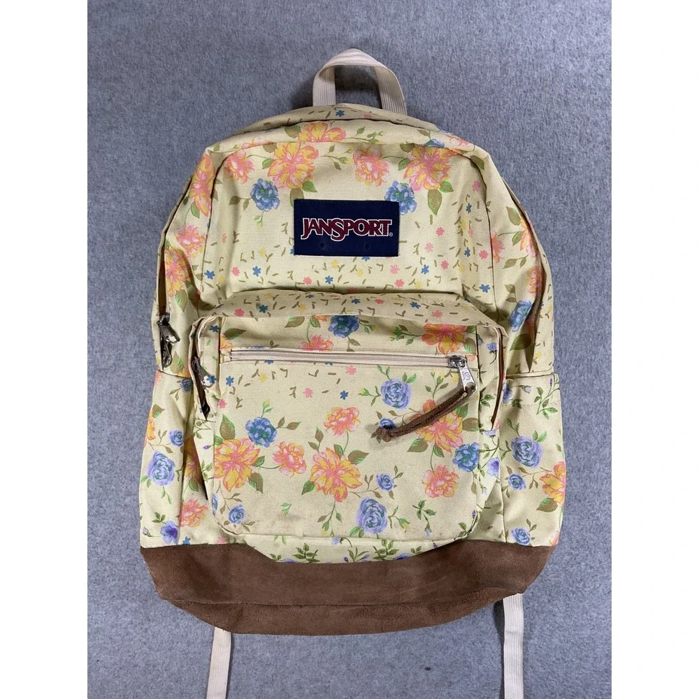 JanSport Right Pack Floral Backpack Cream Suede Bottom School Bag Vintage Style